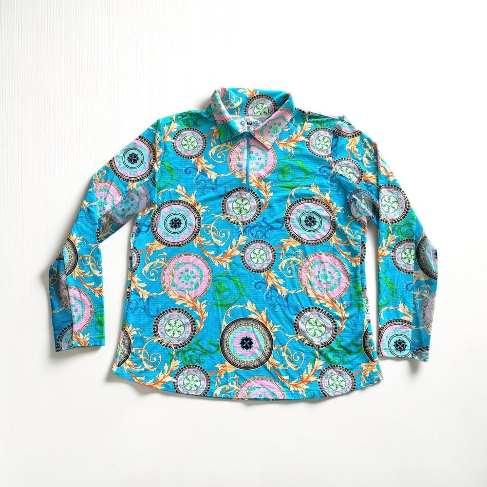 IBKUL Debbie Women's XXL Turquoise Multi Long Sleeve 1/4 Zip Collared Golf Shirt
